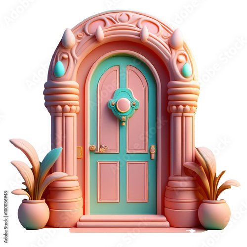 A pink and green door with a wreath on it