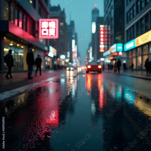 Rainy night cityscape, blurred neon lights reflecting in puddles on city street.