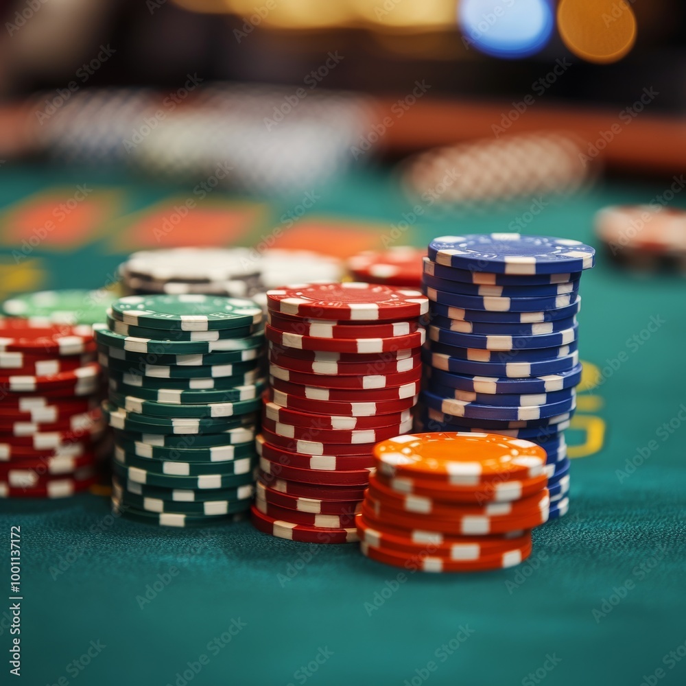 Poker chips on green table in casino with bokeh background Poker chips on green table in casino with bokeh background