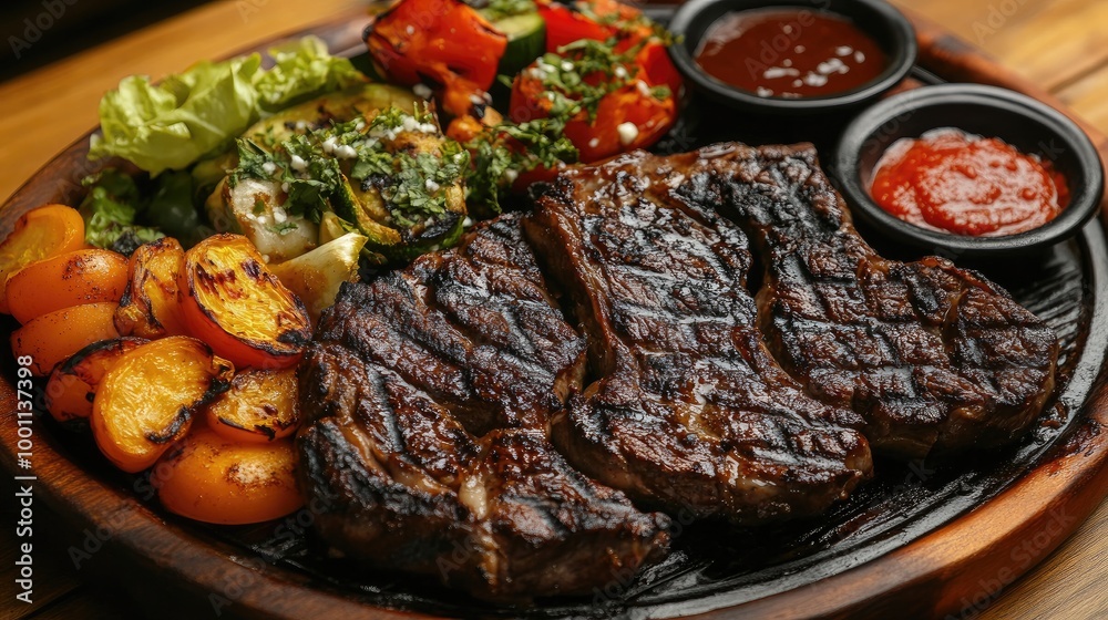 A sizzling platter of grilled steaks, juicy and charred to perfection, with a side of roasted vegetables and sauces on a wooden table, ready to serve. A sizzling platter of grilled steaks, juicy and charred to perfection, with a side of roasted vegetables and sauces on a wooden table, ready to serve.