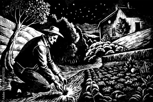 Farmer Planting Under Starry Night in Woodcut Style Illustration