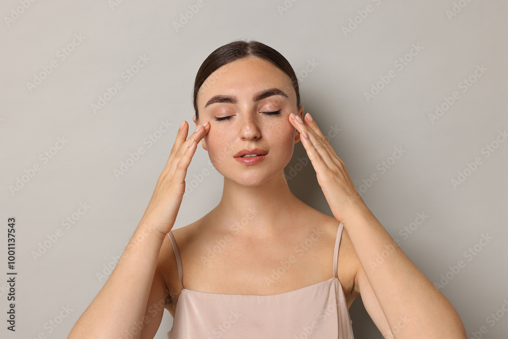 Face massage. Beautiful young woman with healthy skin on grey background Face massage. Beautiful young woman with healthy skin on grey background
