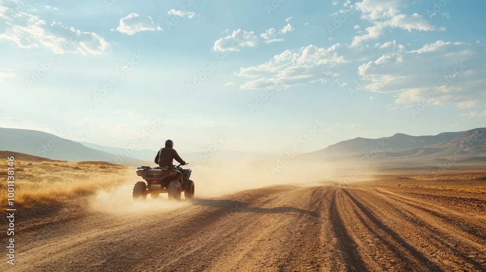 A solitary ATV rider cuts through the desert terrain under a broad sky, dust trailing behind, embodying the freedom and adventure of off-road travel A solitary ATV rider cuts through the desert terrain under a broad sky, dust trailing behind, embodying the freedom and adventure of off-road travel