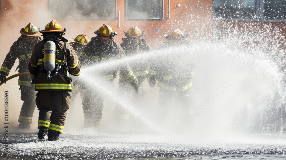 Firefighters bravely extinguishing a fierce fire using chemical foam from a fire engine through a long hose, showcasing their dedication and skill in emergency response and fire safety Firefighters bravely extinguishing a fierce fire using chemical foam from a fire engine through a long hose, showcasing their dedication and skill in emergency response and fire safety