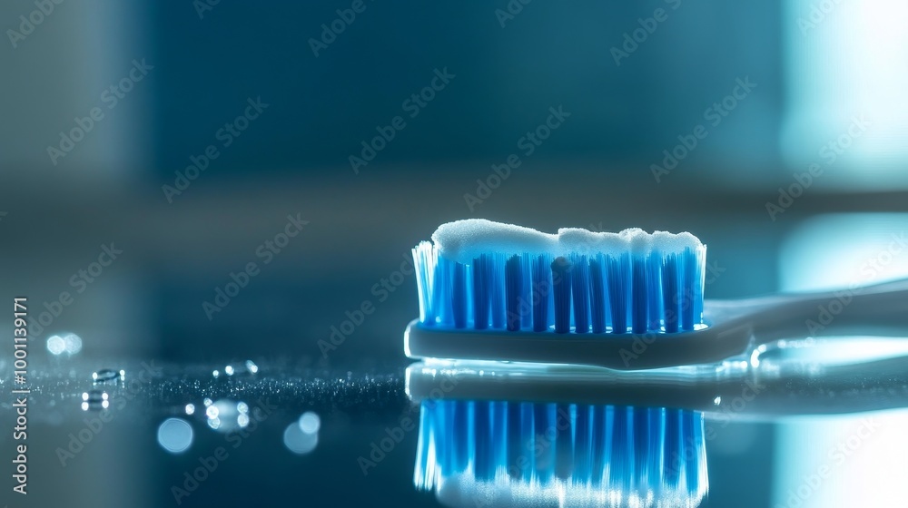 New toothbrush with toothpaste placed on a mirror table in the bathroom, showcasing water drops on a blue background illuminated by sunlight, emphasizing the importance of dental hygiene New toothbrush with toothpaste placed on a mirror table in the bathroom, showcasing water drops on a blue background illuminated by sunlight, emphasizing the importance of dental hygiene