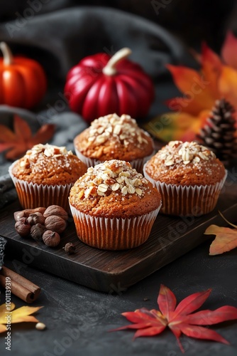 Delicious autumn muffins adorned with nuts, surrounded by seasonal decor like pumpkins and leaves, perfect for fall celebrations.