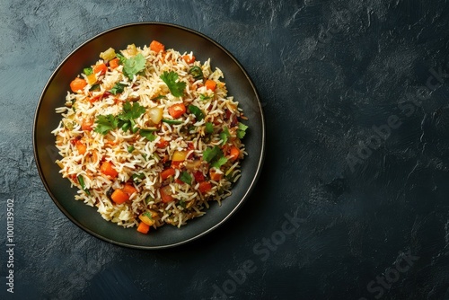 Bird's-eye view of a vegetable biryani dish on a dark background featuring ample blank space for text placement