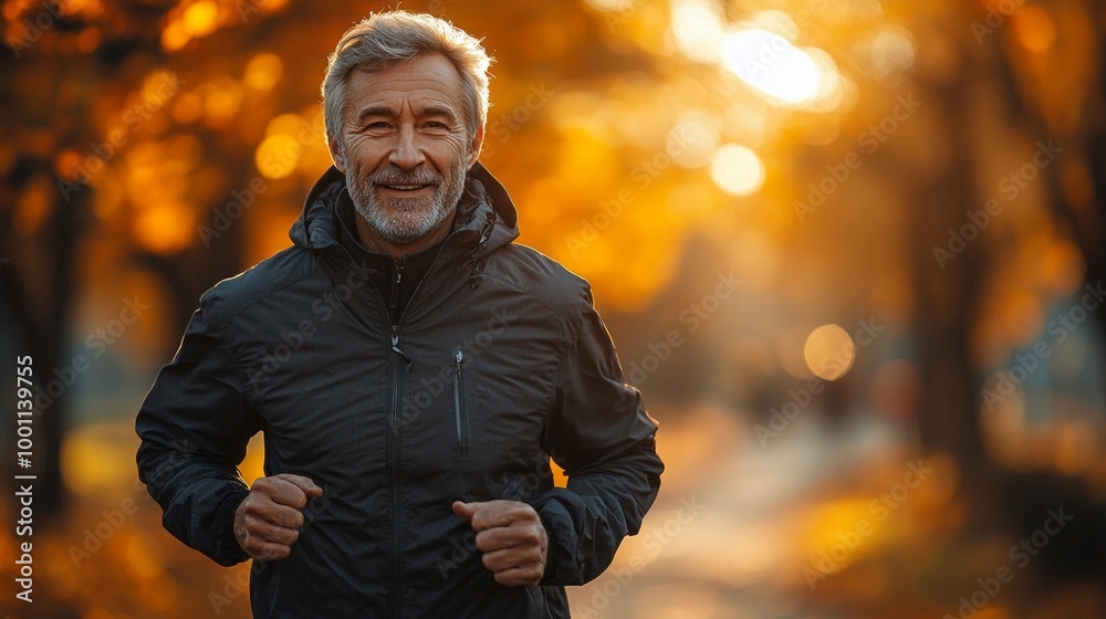 A man is running in the woods with a black jacket on A man is running in the woods with a black jacket on