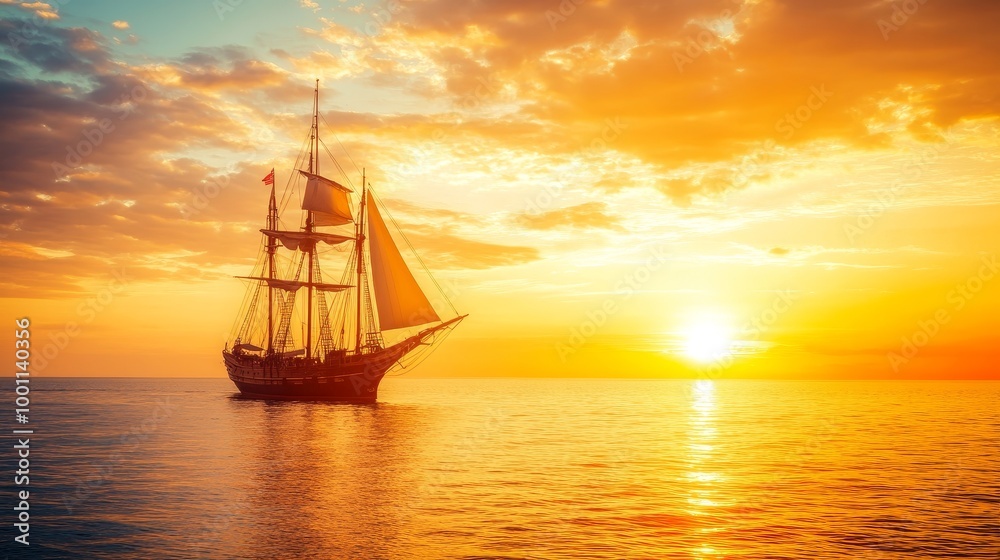 Fototapeta premium A vintage sailboat gracefully gliding on the sea during a stunning sunset, symbolizing the spirit of adventure and exploration celebrated on Columbus Day, a national holiday in the USA