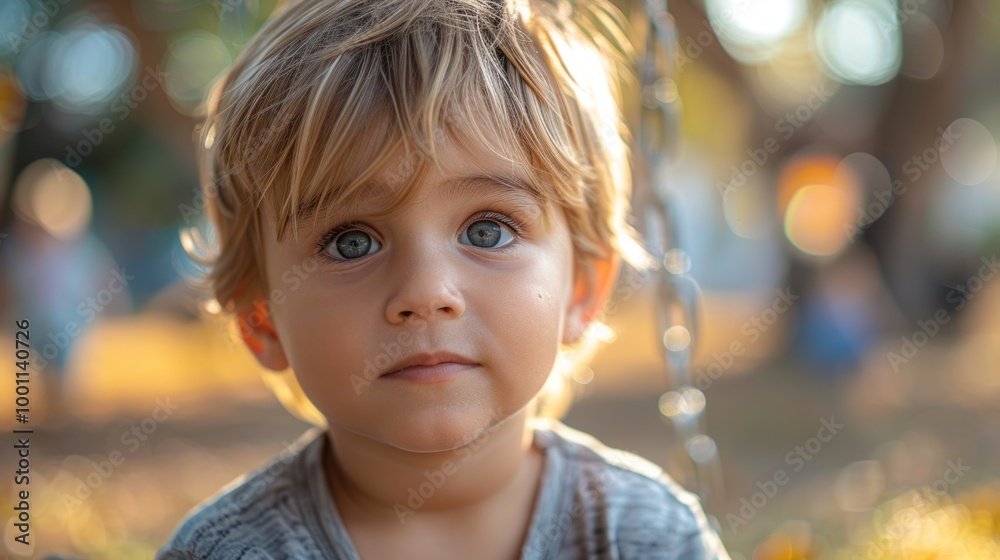A young child with blonde hair and blue eyes is looking at the camera A young child with blonde hair and blue eyes is looking at the camera