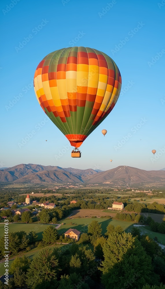 Fototapeta premium A brightly colored hot air balloon floating serenely in a clear blue sky, with a picturesque countryside below, evoking a sense of freedom and tranquility