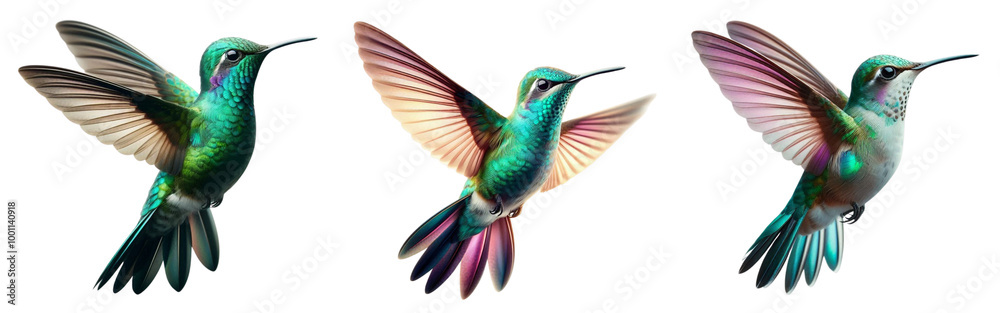 Obraz premium delicate hummingbird hovering mid-air with its iridescent wings in motion. Capturing the bird’s graceful flight. Three PNG images Isolated on white or transparent background.