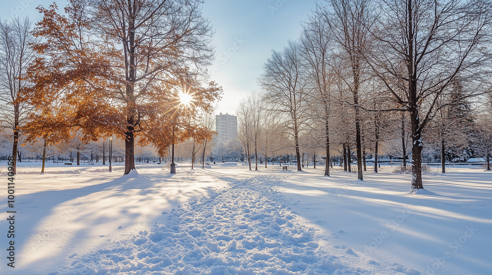 Snowy park with untouched snow and scattered snowballs, serene mood, sunny winter day
