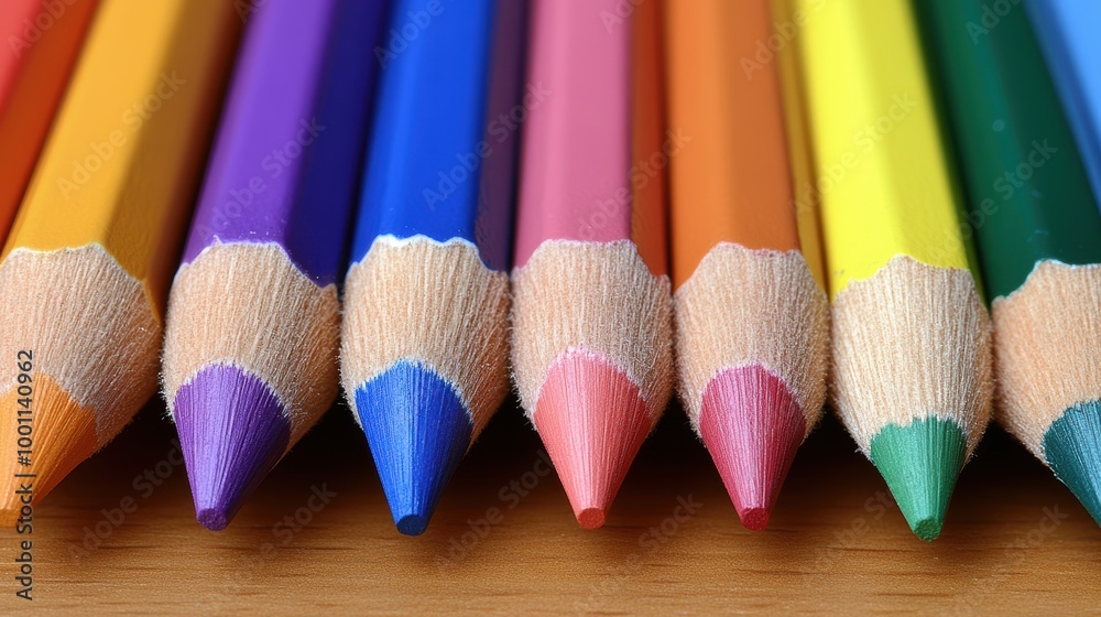 A vibrant close-up of sharpened colored pencils arranged in a neat row on a wooden surface, showcasing a rainbow spectrum of colors from red to purple