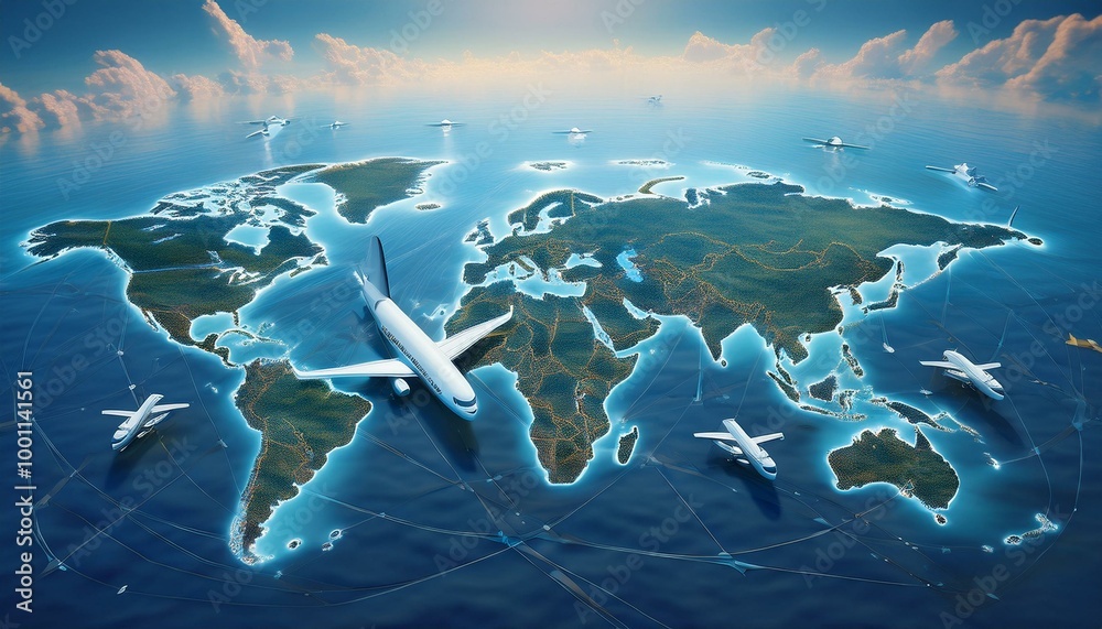 Fototapeta premium 飛行機と飛行地図：世界地図