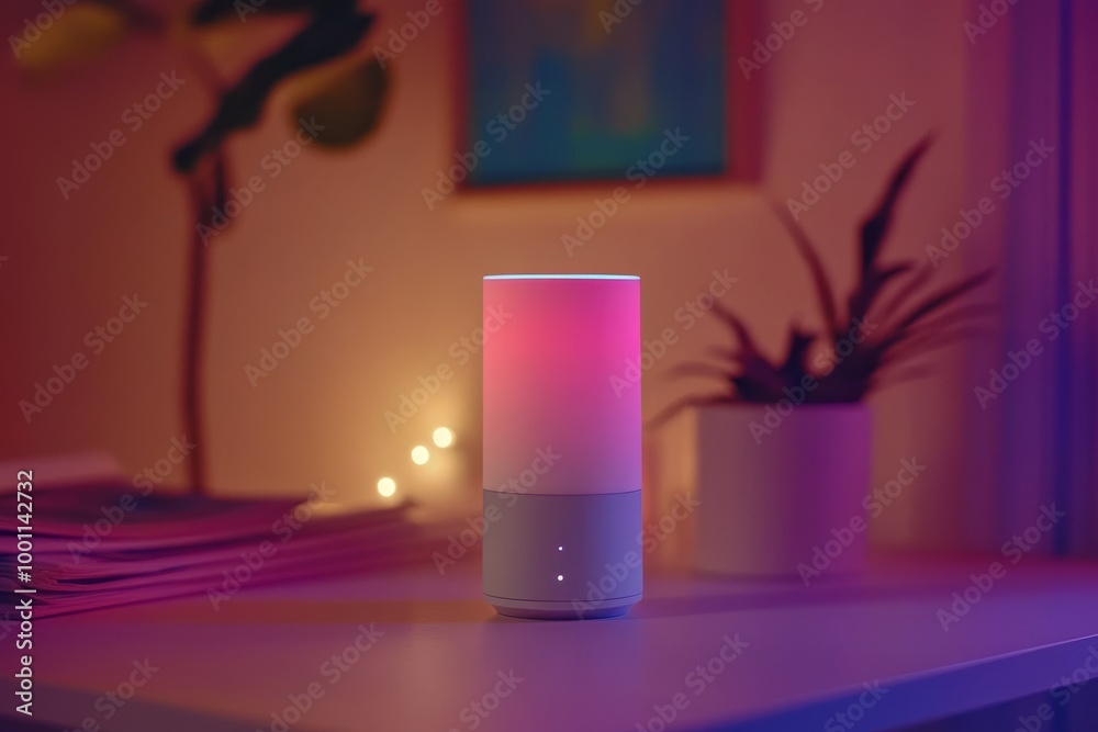 Smart Speaker with Colorful Glow in a Cozy Home Setting Smart Speaker with Colorful Glow in a Cozy Home Setting