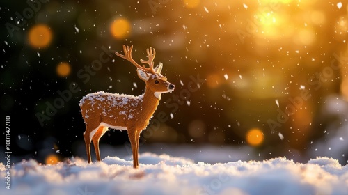 Deer Figurine on Snowy Ground with Festive Atmosphere