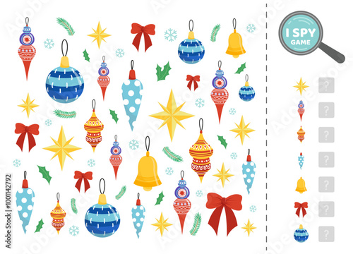 I spy game for kids with Christmas bell, toys, bauble. Search and count how many. Math game