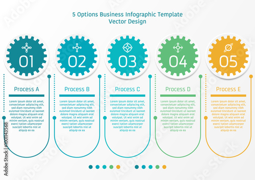 5 options business infographic template, theme of circle with gear and curve line, also with text frame and symbols