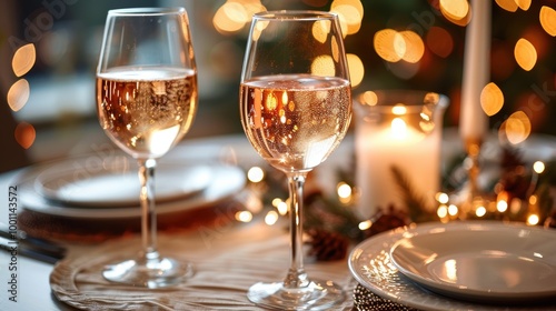 A cozy holiday dinner setting with two sparkling wine glasses, festive decorations, warm candlelight, and twinkling bokeh lights creating a charming ambiance