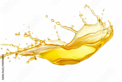 Golden liquid splash in motion, isolated on white, dynamic fluid wave, motion concept photo