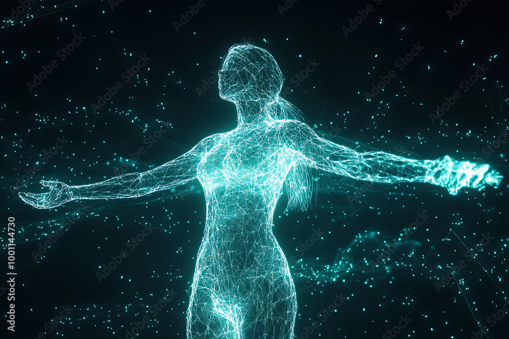 A woman analyzing futuristic holographic data, showcasing innovation and advanced technology, surrounded by binary code and designed in a wireframe plexus style.