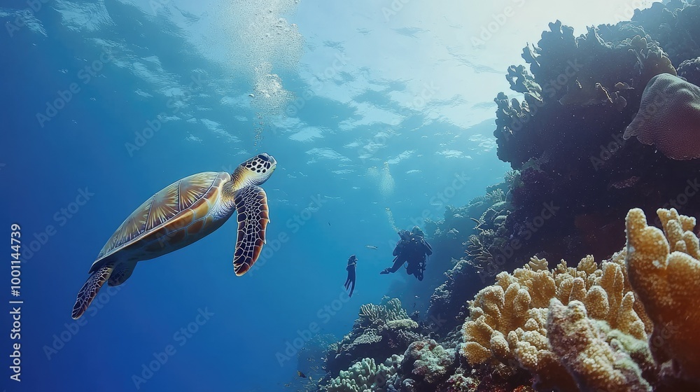 Fototapeta premium Scuba Diving with Turtles in Coral Reef Environment