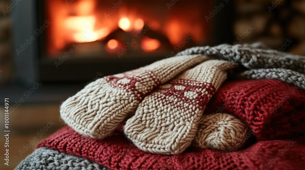 Cozy Knitted Socks and Blanket by a Warm Fireplace Cozy Knitted Socks and Blanket by a Warm Fireplace