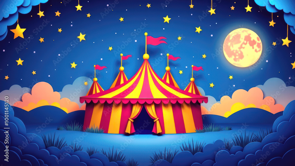 Whimsical Circus Tent Under a Starry Night Sky in Paper Art Style Stock ...