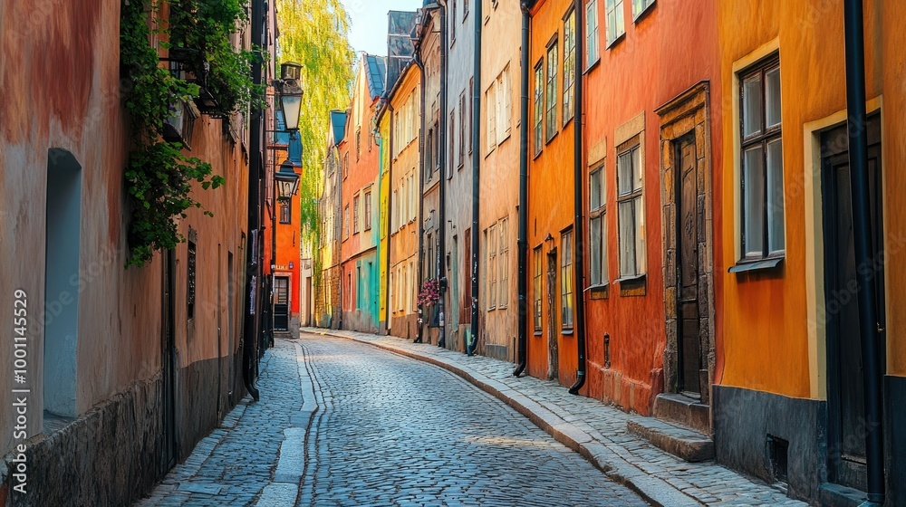 Fototapeta premium Colorful Alley in an Old Town with Cobblestone Streets