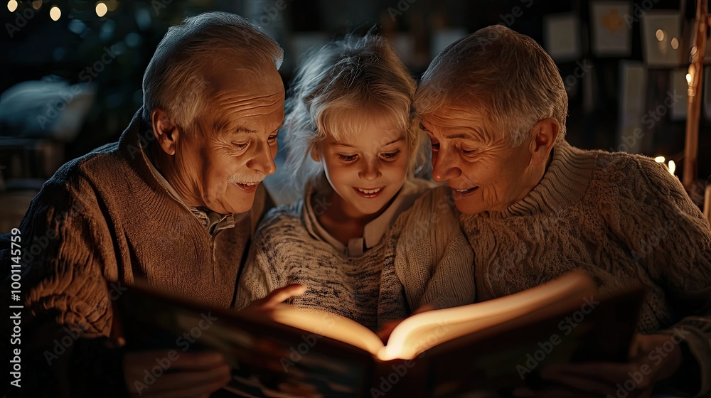 Fototapeta premium Grandparents Enjoying Storytime with Their Grandchild