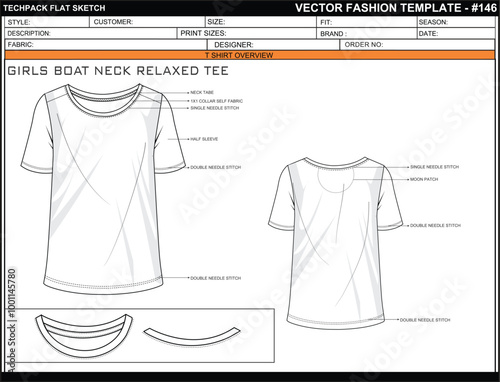 GIRLS BOAT NECK RELAXED TEE TECHNICAL FASHION FLAT SKETCH TEMPLATE ILLUSTRATION