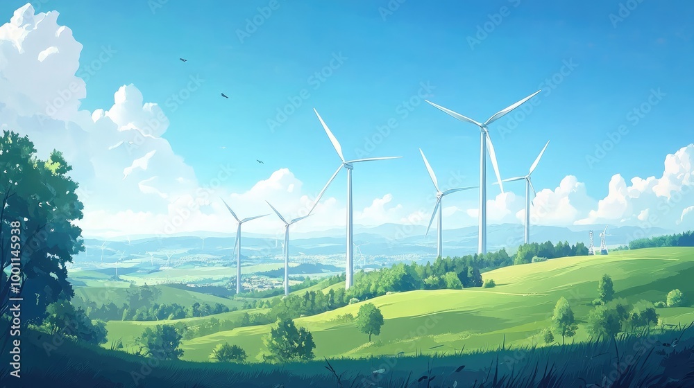 A beautiful windmill farm with turbines standing tall, set against a realistic background of natural greenery and blue skies A beautiful windmill farm with turbines standing tall, set against a realistic background of natural greenery and blue skies
