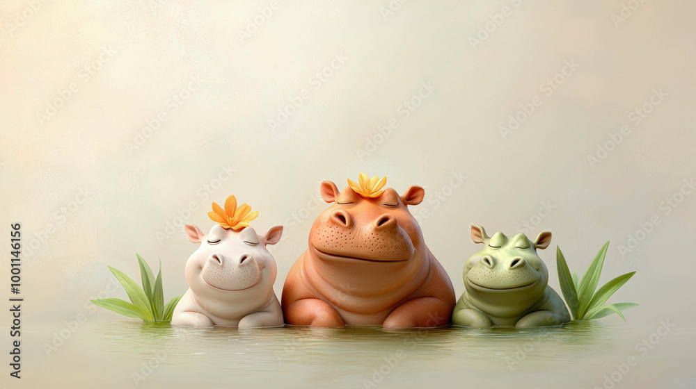 Three peaceful hippos float calmly in the water, their eyes closed, each wearing a bright flower on their heads. The serene scene reflects tranquility and harmony in the gentle pond. Three peaceful hippos float calmly in the water, their eyes closed, each wearing a bright flower on their heads. The serene scene reflects tranquility and harmony in the gentle pond.