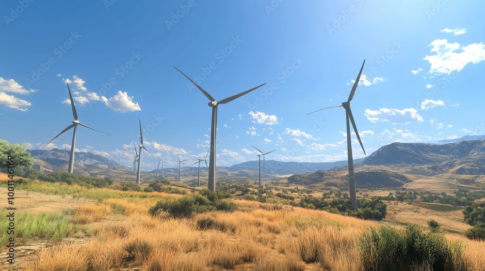A windmill farm in operation, with turbines turning in the wind, set against a realistic backdrop of hills and clear skies A windmill farm in operation, with turbines turning in the wind, set against a realistic backdrop of hills and clear skies