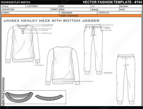 UNISEX HENLEY NECK WITH BOTTOM JOGGER FLAT SKETCH FASHION TEMPLATE TECHNICAL ILLUSTRATION