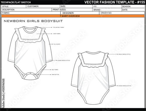 NEWBORN GIRLS BODYSUIT FLAT SKETCH FASHION TEMPLATE TECHNICAL  ILLUSTRATION