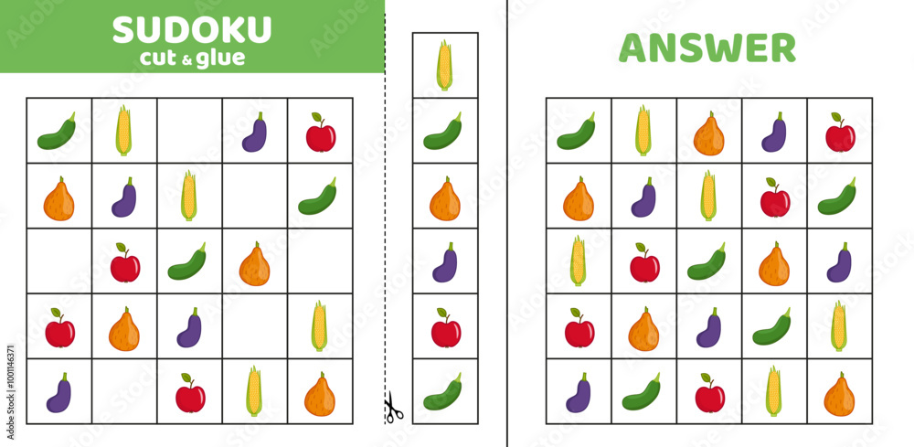 Fototapeta premium Sudoku with five vegetables. Autumn summer harvest. Game puzzle for kids. Cut and glue. Cartoon.