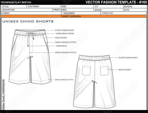 UNISEX CHINO SHORTS FLAT SKETCH FASHION TEMPLATE TECHNICAL ILLUSTRATION