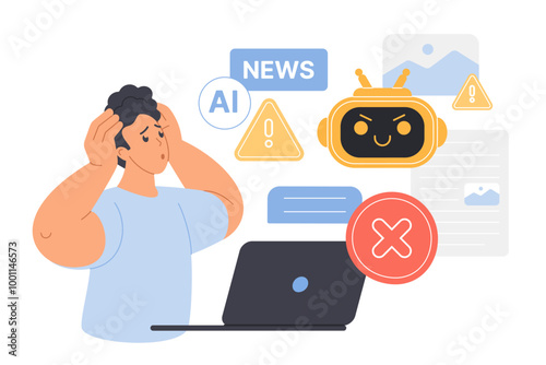 AI ethics, artificial intelligence content governance, regulation and control. Frightened man reading scary news sitting at laptop, warning message about evil robot cartoon vector illustration
