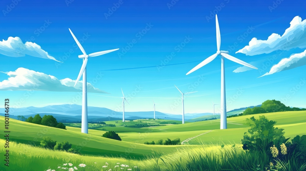 Fototapeta premium Beautiful white wind turbines spinning gracefully on a farm, set against a realistic backdrop of blue skies and vibrant green fields