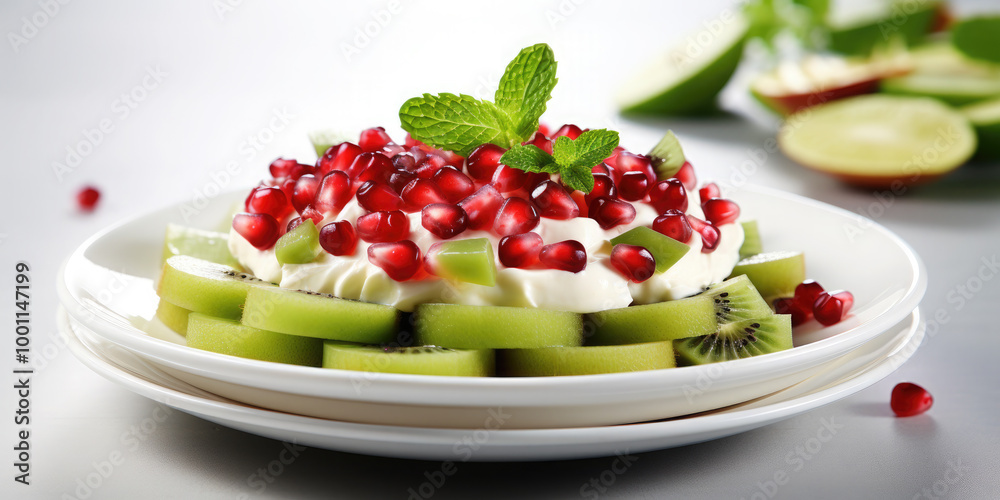 Fruit salad decorated with kiwi, strawberries and garnished with lime leaf on white background. Fruit salad decorated with kiwi, strawberries and garnished with lime leaf on white background.