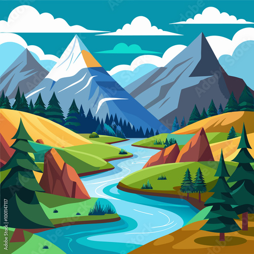 landscape scenery with river and mountains outdoor mountain forest adventure landscape vector illustration generated Ai