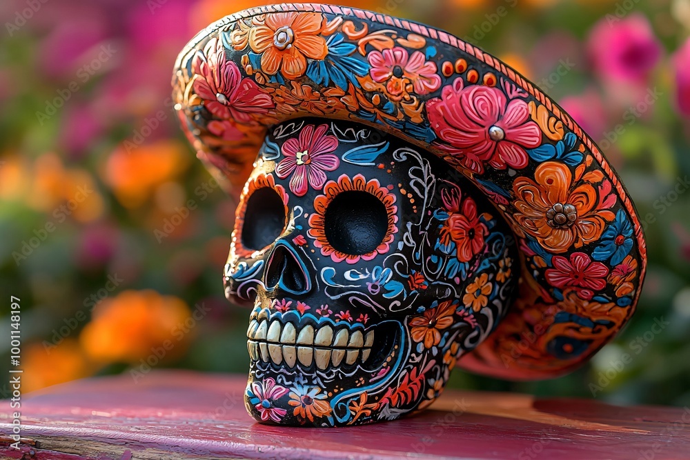 Vibrant sugar skull adorned with a sombrero, ideal for Day of the Dead (Dia De Los Muertos) events, decorating, and cultural celebrations. Evokes festive spirit. Vibrant sugar skull adorned with a sombrero, ideal for Day of the Dead (Dia De Los Muertos) events, decorating, and cultural celebrations. Evokes festive spirit.