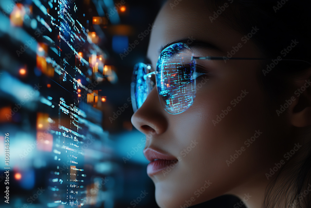 custom made wallpaper toronto digitalA woman analyzing futuristic holographic data, showcasing innovation and advanced technology, surrounded by binary code and designed in a wireframe plexus style.