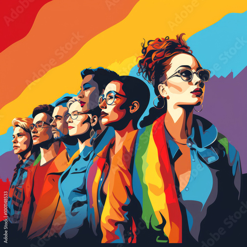 generated illustration of group of young activist for lgbt rights with rainbow flag.