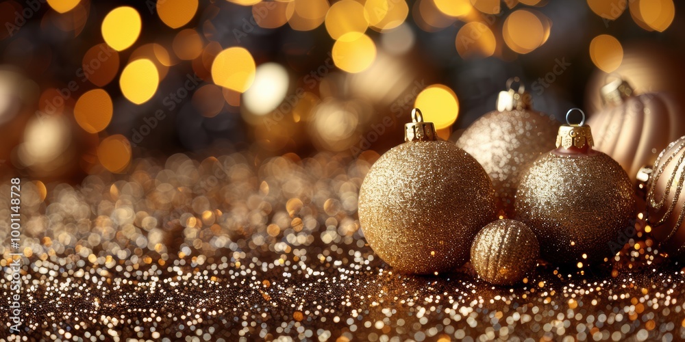 Elegant golden holiday ornaments with sparkling bokeh lights in the background creating a festive and warm Christmas atmosphere Elegant golden holiday ornaments with sparkling bokeh lights in the background creating a festive and warm Christmas atmosphere