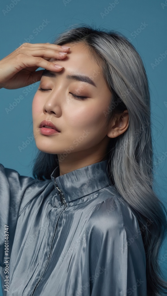 Woman with hand on forehead, eyes closed, conveying stress or worry Woman with hand on forehead, eyes closed, conveying stress or worry