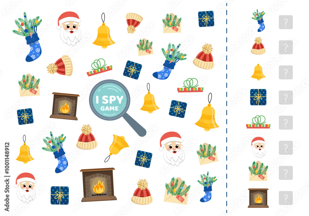I spy game for kids with Christmas elements and Santa. Search and count how many. Math game. Vector. I spy game for kids with Christmas elements and Santa. Search and count how many. Math game. Vector.