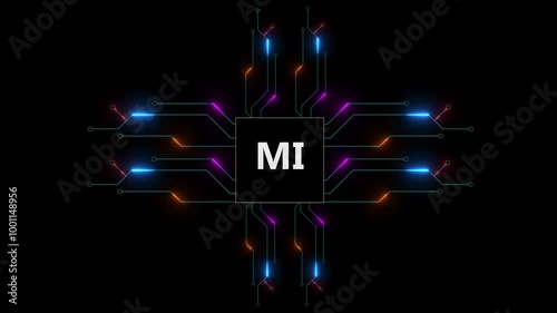 Concept animation shows the process of turning on the CPU in the motherboard. Digital pulses and signals from the chip propagate through the